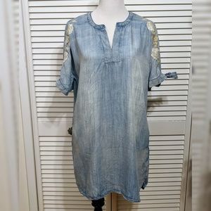 Chambray Dress with Floral Embroidered Shoulder